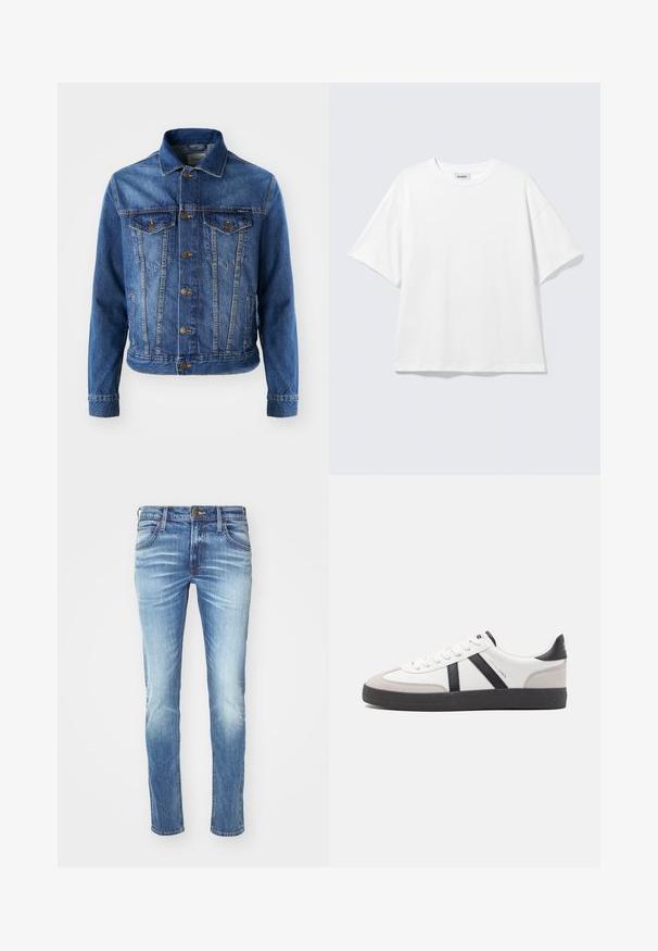 Chaqueta de mezclilla azul con cierre de botones en la parte delantera, dos bolsillos en el pecho y un cuello clásico. La tela tiene una textura ligeramente descolorida.; Camiseta blanca de gran tamaño con mangas cortas, cuello redondo y hombros caídos, plana sobre fondo gris claro.; Jeans de mezclilla azul claro con un diseño descolorido, corte recto, estilo de cinco bolsillos, cierre de botón de metal y costura en contraste.; Zapatilla blanca con acentos en negro y gris, que presenta una puntera texturizada en gris, suela de goma negra y cordones planos blancos. Diseño limpio, estilo minimalista.
