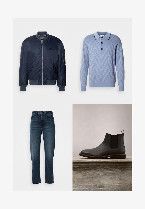 Veste bomber bleu marine en nylon lisse, avec un zip à l'avant, des poches latérales, des poignets côtelés et une poche sur la manche avec zip.; Polo tricoté bleu clair avec un motif en chevron, trois boutons noirs et un col marine contrastant. Manches longues et poignets côtelés.; Jeans droits bleu foncé avec fermeture à bouton et zip à l'avant, design à cinq poches, et subtile décoloration sur les cuisses et les genoux.; Bottine Chelsea en cuir noir avec des panneaux élastiques sur les côtés et un bout arrondi, dotée d'une semelle texturée et de détails de couture subtils, surélevée au-dessus d'une surface en bois.
