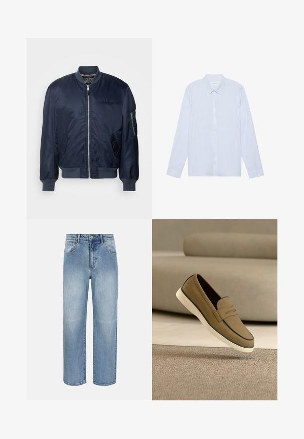 Cazadora bomber azul marino hecha de nylon suave, con cierre delantero, bolsillos laterales, puños de canalé y un bolsillo en la manga con cremallera.; Camisa de botones de manga larga a rayas azul claro. Con un cuello tradicional, botones blancos y una suave mezcla de algodón.; Vaqueros azul claro de corte recto con botón frontal, cierre de cremallera, trabillas para cinturón y bolsillos delanteros sobre fondo blanco.; Mocasín de ante marrón claro con suela blanca flotando sobre una alfombra beige, con un sofá de tonos neutros desenfocado en el fondo.