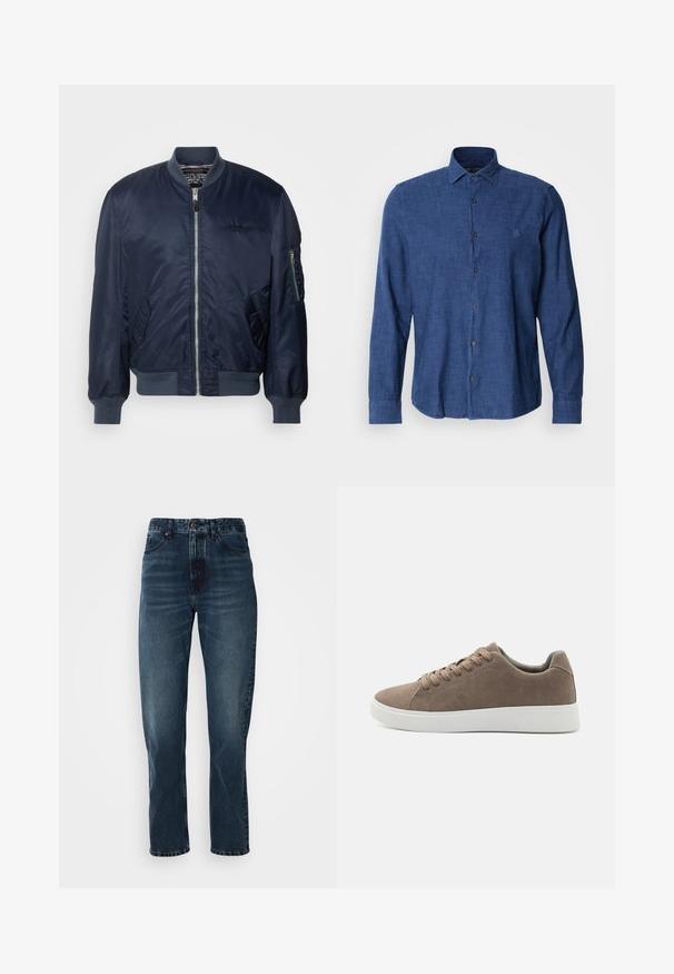 Marineblaue Bomberjacke aus glattem Nylon, mit einem Reißverschluss vorne, Seitentaschen, gerippten Bündchen und einer Ärmeltasche mit Reißverschluss.; Blaues Langarmhemd aus strukturiertem Stoff, mit traditionellem Kragen, Knopfleiste und dezenter Logo-Stickerei auf der Brust.; Dunkelblaue gerade Jeans mit Knopf- und Reißverschluss vorne, Fünf-Taschen-Design und subtiler Ausbleichung an Oberschenkeln und Knien.; Braune Wildledersneaker mit flachen weißen Gummisohlen, Schnürdesign, abgerundete Zehen und einer glatten Textur. Minimalistischer Stil mit dezenten Nähdetails.