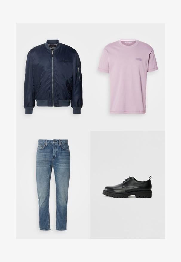 Marineblauwe bomberjack van glad nylon, met een rits aan de voorkant, zijzakken, ribgebreide manchetten en een mouwvak met een rits.; Lichtpaarse katoenen T-shirt met ronde hals en korte mouwen. Heeft een klein rechthoekig logo-opgenaaid op de borst. Glad van textuur.; Blauwe denim jeans met een rechte snit, voorzien van een vervaagde afwerking, vijf zakken en metalen accenten op de tailleband en zakken.; Zwarte lederen schoen met een ronde neus, voorzien van een vetersluiting, stevige zwarte rubberen zool en een klein hieltabje aan de achterkant.