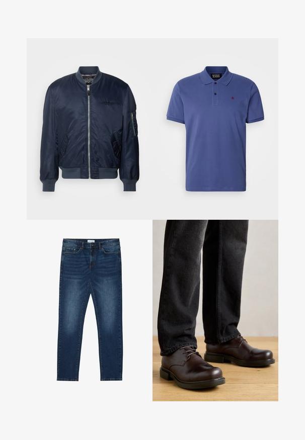 Mørkeblå bomberjakke lavet af glat nylon, med lynlås foran, sidelommer, ribbede manchetter og en ærmelomme med lynlås.; Kortærmet polo-shirt i ensfarvet mørkeblå bomuld. Med klassisk krave, tre-knaps knaplukning og lille broderet logo på brystet.; Mørkeblå slim-fit jeans med falmede detaljer, klassisk fem-lomme design, knappelukning og bæltestropper.; Brune lædersko med rund tå, snørelukning og kraftig sort gummisål, parret med mørke denim bukser.