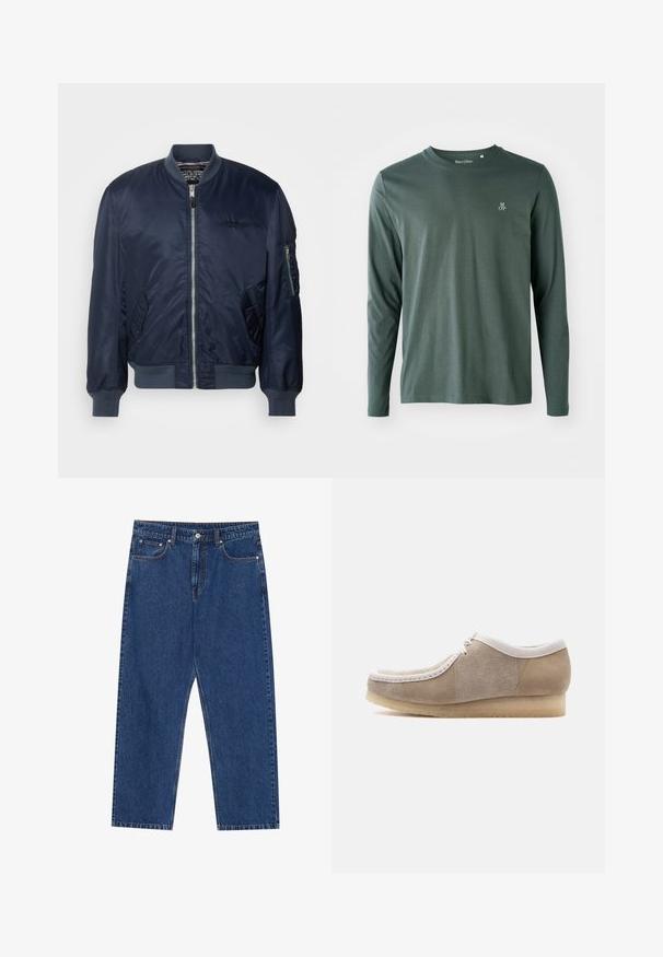 Cazadora bomber azul marino hecha de nylon suave, con cierre delantero, bolsillos laterales, puños de canalé y un bolsillo en la manga con cremallera.; Camisa de manga larga de algodón verde oscuro con cuello redondo, textura sutil y pequeño logo blanco "M OP" en el lado izquierdo del pecho.; Jeans de denim en azul oscuro, con un corte recto, bolsillos frontales y una bragueta de botones con costuras en contraste en toda la prenda.; Zapato marrón claro de ante estilo mocasín con ribete blanco, cordones en la parte delantera y suela de crepé beige, mostrado de perfil sobre un fondo blanco.