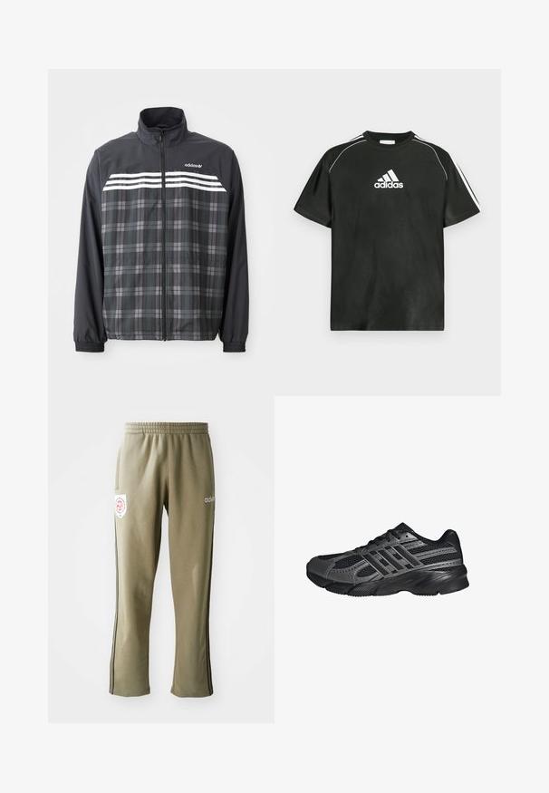 Čierno-sivá károvaná bunda na zips s bielymi pruhmi Adidas a logom na hrudi, elastickými manžetami a stojacím golierom.; Čierne tričko s krátkym rukávom s bielym logom Adidas na hrudi a bielymi pruhmi na ramenách. Vyrobené z hladkej tkaniny, voľný strih.; Olivové tepláky so širokým elastickým pásom, bočnými vreckami, čiernymi bočnými prúžkami a logom na stehne.; Čierne športové topánky vyrobené z pletiva a syntetických materiálov, s textúrovaným povrchom, viacerými šedými pruhmi a polstrovaným golierom.
