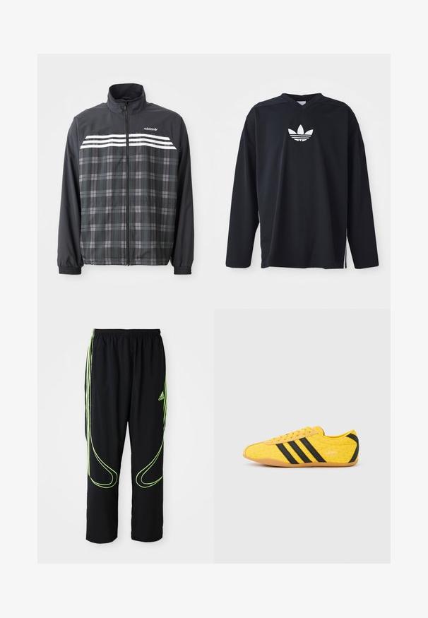 Čierno-sivá károvaná bunda na zips s bielymi pruhmi Adidas a logom na hrudi, elastickými manžetami a stojacím golierom.; Čierny dlhý rukáv s dresom vyrobeným z sieťoviny, s výstrihom do V a bielym logom Adidas trefoil na hrudi. Bočné rozparky na leme.; Čierne atletické nohavice Adidas s neonovo zelenými zakrivenými líniami a tromi pruhmi po stranách, elastickým pásom a logom Adidas na prednom stehne.; Žltá športová obuv s textúrovaným zvrškom, s čiernymi pruhmi a logom. Zaoblená špička, mäkká podrážka a vzor v tvare cik-cak na materiáli.