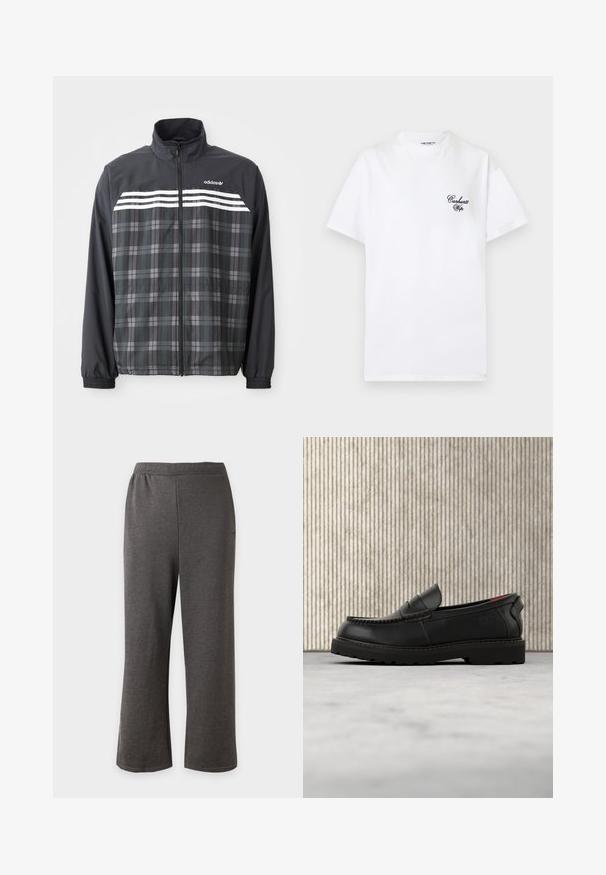 Schwarze und graue kariert Reißverschlussjacke mit weißen Adidas-Streifen und Logo auf der Brust, elastischen Bündchen und Stehkragen.; Weißes T-Shirt mit kurzen Ärmeln und dem "Carhartt Wip"-Logo in schwarzer Schrift auf der linken Brust sowie Rundhalsausschnitt.; Gerade geschnittene dunkelgraue Hose mit elastischem Bund, aus weichem, dehnbarem Stoff, vor einfachem hellem Hintergrund.; Schwarzer Lederlöffel mit grober Sohle und rotem Innenfutter, schwebt über einem beigen Teppich neben einem Möbelstück aus Holz.