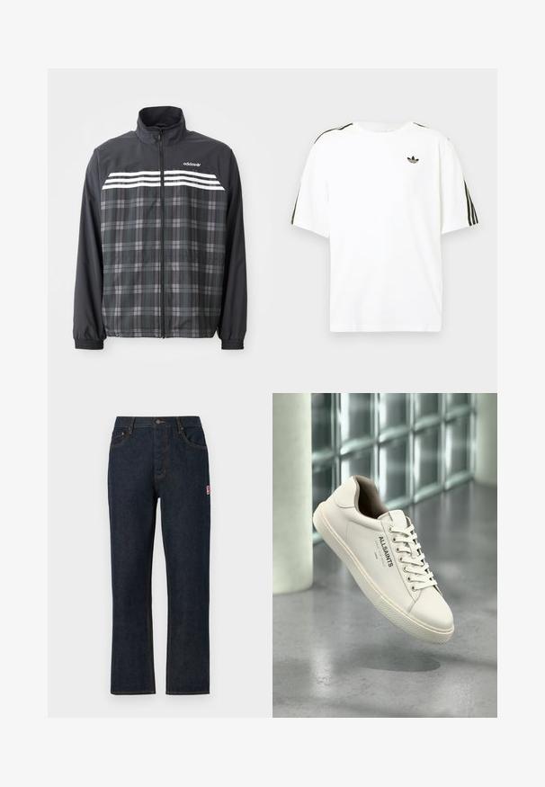 Čierno-sivá károvaná bunda na zips s bielymi pruhmi Adidas a logom na hrudi, elastickými manžetami a stojacím golierom.; Biela bavlnená tričko s krátkymi rukávmi, s čiernymi trojpruhmi na pleciach a malým čiernym logom na hrudi.; Tmavomodré džíny s rovnými nohavicami, klasickým päť vreckovým dizajnom, zapínaním na horný gombík a kontrastným oranžovým prešívaním. Červený logo štítok na boku.; Biela teniska AllSaints so šnúrkami, logom a japonským textom visiaca nad lesklou betónovou podlahou s matnými sklenenými blokmi v pozadí.