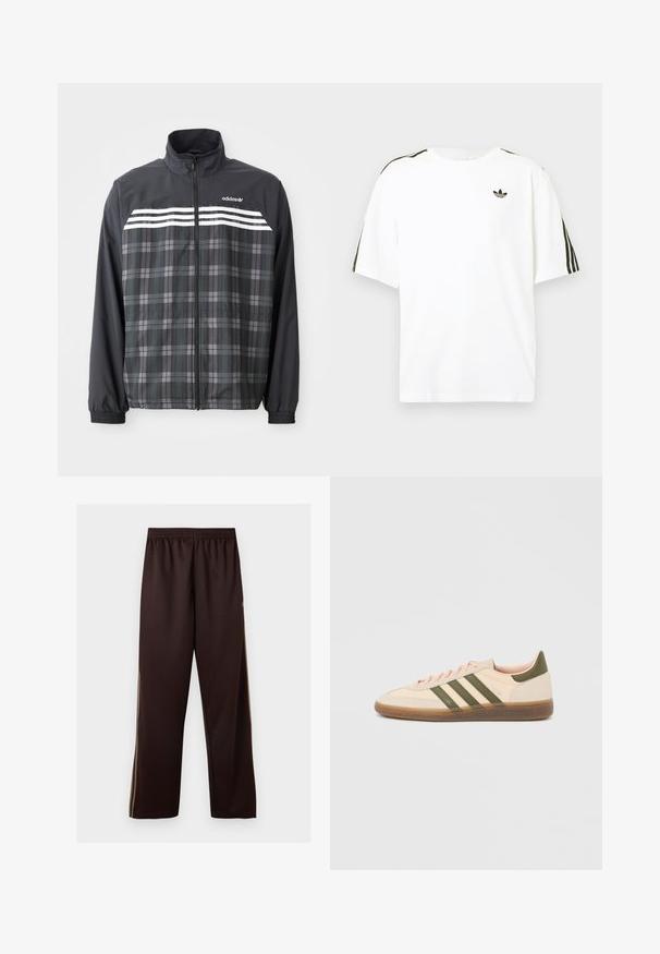 Sort og grå ternet jakke med lynlås, med hvide Adidas-striber og logo på brystet, elastiske manchetter og en opretstående krave.; Hvid bomuld t-shirt med korte ærmer, prydet med sorte tre-stribede detaljer på skuldrene og et lille sort logo på brystet.; Mørkebrune vidde bukser med elastik i taljen og subtile lysebrune sidelister, vist mod en ensfarvet hvid baggrund.; Beige Adidas Spezial sneaker med lav profil, grønne striber, gummisål og "SPEZIAL"-branding på siden, vist fra ydersiden.