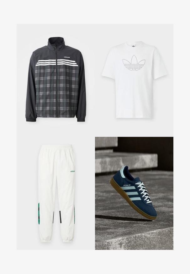 Zwart-grijs geruite jas met rits, witte Adidas-strepen en logo op de borst, elastische manchetten en een opstaande kraag.; Witte katoen T-shirt met een gestippeld zwart omtreklijn van een trefoil-logo aan de voorkant. Korte mouwen en een ronde hals.; Witte sportieve broek gemaakt van lichtgewicht materiaal, met groene en zwarte accenten aan de zijkanten, voorzien van een elastische tailleband en boorden.; Blauwe Adidas Spezial sneaker met witte strepen en veters, gumzool, zwevend boven een ruwe betonnen oppervlakte en trappen op de achtergrond.