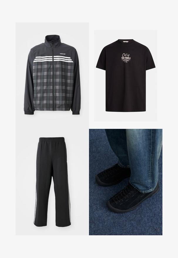 Čierno-sivá károvaná bunda na zips s bielymi pruhmi Adidas a logom na hrudi, elastickými manžetami a stojacím golierom.; Čierne bavlnené tričko s krátkymi rukávmi a okrúhlym výstrihom. Na prednej strane sa nachádza biely potlačený nápis: "Out of THIS WORLD, EST. 2013".; Čierne teplákové nohavice s elastickým pásom, s bielymi bočnými pruhmi a voľným strihom. Vyrobené z mäkkej, elastickej tkaniny.; Čierne semišové tenisky s textúrovaným povrchom, jemným šnurovaním a odolnými gumovými podrážkami, v kombinácii s modrými denimovými džínmi.