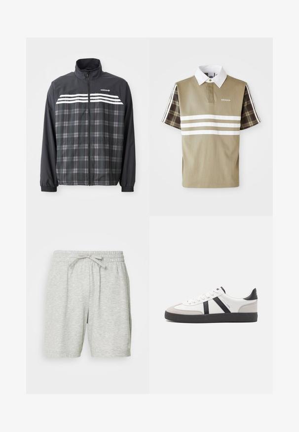 Čierno-sivá károvaná bunda na zips s bielymi pruhmi Adidas a logom na hrudi, elastickými manžetami a stojacím golierom.; Polo tričko v olivovej zelenej farbe s bielymi pruhmi a károvaným vzorom na krátkych rukávoch. Obsahuje biely golier a logo na hrudi.; Svetlo šedé športové šortky vyrobené z mäkkej látky, s elastickým pásom a šnúrkou na stiahnutie pre prispôsobiteľné nosenie a dvoma bočnými vreckami.; Biele tenisky s čiernymi a šedými akcentmi, s textúrovanou šedou špičkou, čiernou gumovou podrážkou a plochými bielymi šnúrkami. Čistý dizajn, minimalistický štýl.
