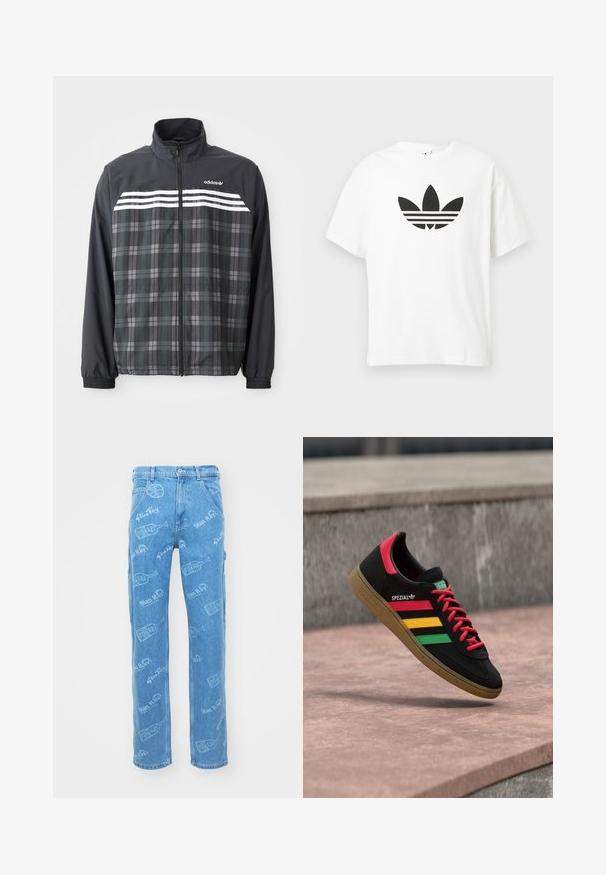 Čierno-sivá károvaná bunda na zips s bielymi pruhmi Adidas a logom na hrudi, elastickými manžetami a stojacím golierom.; Biela bavlnená tričko s veľkým čiernym logom Adidas trefoil a tromi horizontálnymi pruhmi pod ním. Krátke rukávy, okrúhly výstrih.; Svetlomodré denimové džínsy s celoplošným potlačou s textom "Stan Ray" a tvarmi fliaš. Strih s rovnými nohavicami, päť vreciek a zapínanie na gombík.; Čierna teniska Adidas Spezial s červenými, žltými a zelenými pruhmi, červenými šnúrkami, gumovou podrážkou a červeným detailom na päte, zobrazená ako vznášajúca sa nad chodníkom.
