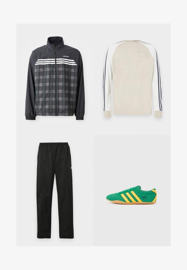 Sort og grå ternet jakke med lynlås, med hvide Adidas-striber og logo på brystet, elastiske manchetter og en opretstående krave.; Beige langærmet skjorte med hvide raglanærmer og marineblå striber langs siderne. Har en lille hvid logo på brystet.; Sorte træningsbukser med elastisk talje, lige snit, lynlåsdetaljer i siderne og hvide striber langs siderne. Glat tekstur.; Grønne tekstilsneakers med gule detaljer og tre striber, med et zigzag-mønster og en sål af gummigummi.