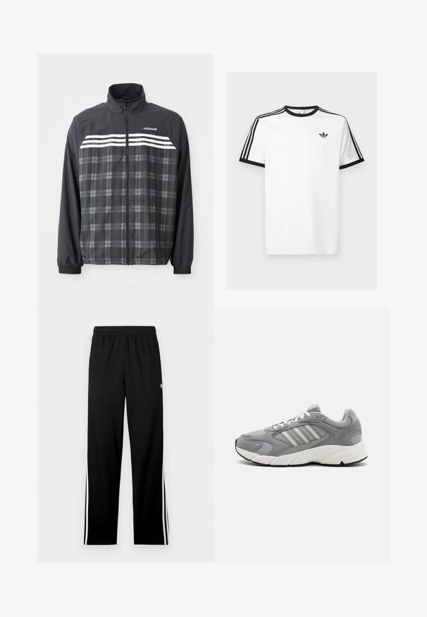 Chaqueta con cremallera de cuadros negros y grises con rayas blancas de Adidas y logo en el pecho, puños elásticos y cuello alto.; Camiseta de algodón blanca con cuello y mangas de canalé negro, con tres rayas negras en cada hombro y un pequeño logo en el pecho.; Pantalones deportivos negros de tela de malla, con un diseño de corte recto, cinturilla elástica y rayas laterales blancas. Se muestra un logo deportivo.; Zapatilla deportiva gris con materiales de malla y ante, que presenta cordones blancos, un collar acolchado y una entresuela blanca volumétrica con acentos texturizados.