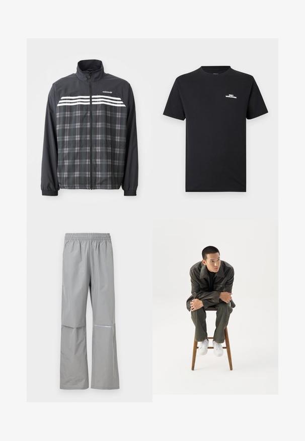 Schwarze und graue kariert Reißverschlussjacke mit weißen Adidas-Streifen und Logo auf der Brust, elastischen Bündchen und Stehkragen.; Schwarzes Baumwoll-T-Shirt mit Rundhalsausschnitt, kurzen Ärmeln und weißem "OBEY WORLDWIDE"-Logo auf der Brust.; Hellgraue wasserdichte Regenhose mit elastischem Bund und reflektierendem Streifen am rechten Bein, für den Außeneinsatz konzipiert.; Junger Mann in dunkler Lederjacke und Jeans sitzt auf einem Holzstuhl, lehnt sich mit verschränkten Armen nach vorne und schaut seitlich vor weißem Hintergrund.