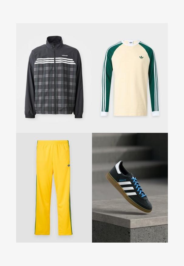 Čierno-sivá károvaná bunda na zips s bielymi pruhmi Adidas a logom na hrudi, elastickými manžetami a stojacím golierom.; Béžová košeľa s dlhým rukávom s tmavozelenými raglánovými rukávmi, bielymi manžetami, bielymi pruhmi na rukávoch a malým zeleným logom Adidas na hrudi.; Žlté športové nohavice s elastickým pásom, s zelenými bočnými pruhmi a malým modrým logom na ľavom stehne. Hladký textilný materiál.; Čierna teniska Adidas s bielymi pruhmi, modrými šnúrkami a gumovou podrážkou, ktorá sa vznáša nad sivým betónovým schodom v mäkkom svetle.