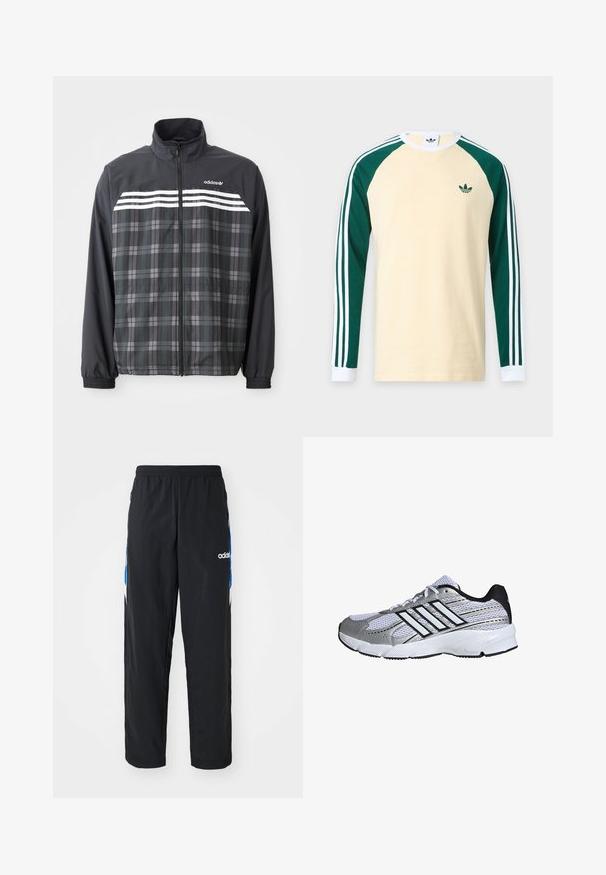 Čierno-sivá károvaná bunda na zips s bielymi pruhmi Adidas a logom na hrudi, elastickými manžetami a stojacím golierom.; Béžová košeľa s dlhým rukávom s tmavozelenými raglánovými rukávmi, bielymi manžetami, bielymi pruhmi na rukávoch a malým zeleným logom Adidas na hrudi.; Čierne športové nohavice s elastickým pásom, s modro-bielymi grafickými akcentmi po stranách a vyšitým logom.; Mriežkovaná športová obuv v bielej a striebornej farbe, s čiernymi detailmi, logom troch bielych pruhov, polstrovaným golierom a textúrovanou gumovou podrážkou.