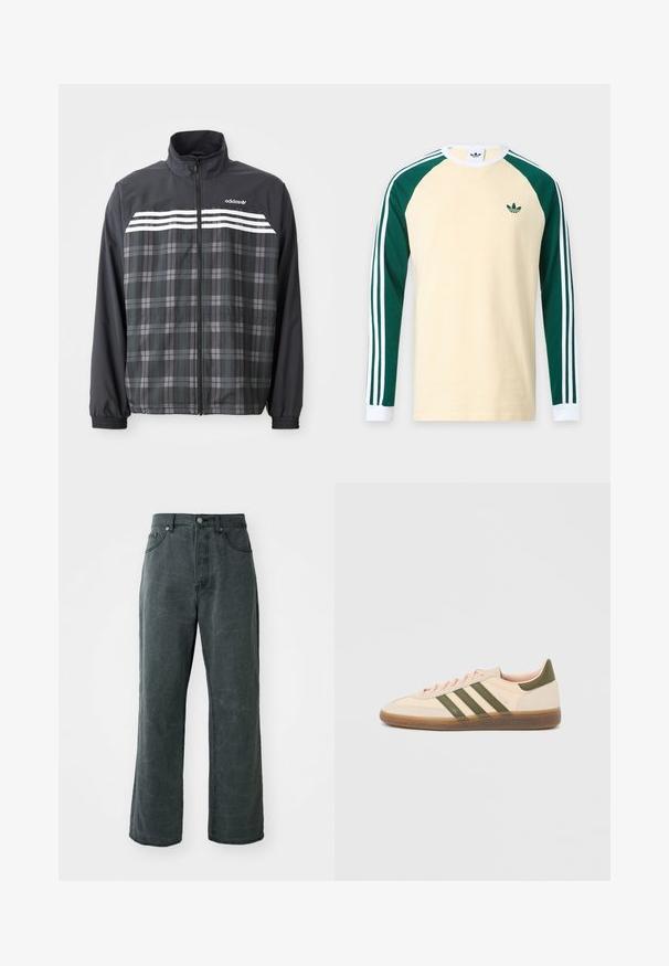 Čierno-sivá károvaná bunda na zips s bielymi pruhmi Adidas a logom na hrudi, elastickými manžetami a stojacím golierom.; Béžová košeľa s dlhým rukávom s tmavozelenými raglánovými rukávmi, bielymi manžetami, bielymi pruhmi na rukávoch a malým zeleným logom Adidas na hrudi.; Široké tmavošedé džiny vyrobené z denimu, s vysokým pásom, päťvreckovým dizajnom a jemnou poškodenou textúrou.; Nízky béžový tenisky Adidas Spezial so zelenými pruhmi, gumovou podrážkou a nápisom „SPEZIAL“ na boku, zobrazené z vonkajšej strany.