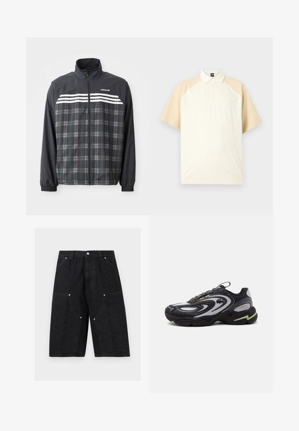 Čierno-sivá károvaná bunda na zips s bielymi pruhmi Adidas a logom na hrudi, elastickými manžetami a stojacím golierom.; Polokošeľa s krátkym rukávom s béžovými raglánovými rukávmi, krémovým telom a golierom na gombíky na neutrálno sivom pozadí.; Čierne denimové šortky s prednými vreckami, striebornými nitmi a pútkami na opasok, s jemným textúrovaným vzorom.; Čierno-sivá teniska Lacoste Storm 2K s vlnitými vzormi, šnurovaným dizajnom a hrubou podrážkou s svetlozeleným akcentom.