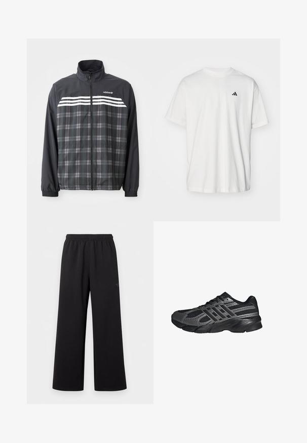 Schwarze und graue kariert Reißverschlussjacke mit weißen Adidas-Streifen und Logo auf der Brust, elastischen Bündchen und Stehkragen.; Weißes Baumwoll-T-Shirt mit kurzen Ärmeln, Rundhalsausschnitt und kleinem schwarzem Adidas-Logo auf der linken Brust. Weicher Stoff, lässige Passform.; Schwarze Hose mit weitem Bein, elastischem Bund und dezentem kleinem Logo am oberen linken Oberschenkel, vor schlichtem weißem Hintergrund dargestellt.; Schwarze Sportschuhe aus Netz- und synthetischem Material, mit einer strukturierten Oberfläche, mehreren grauen Streifen und einem gepolsterten Schaft.