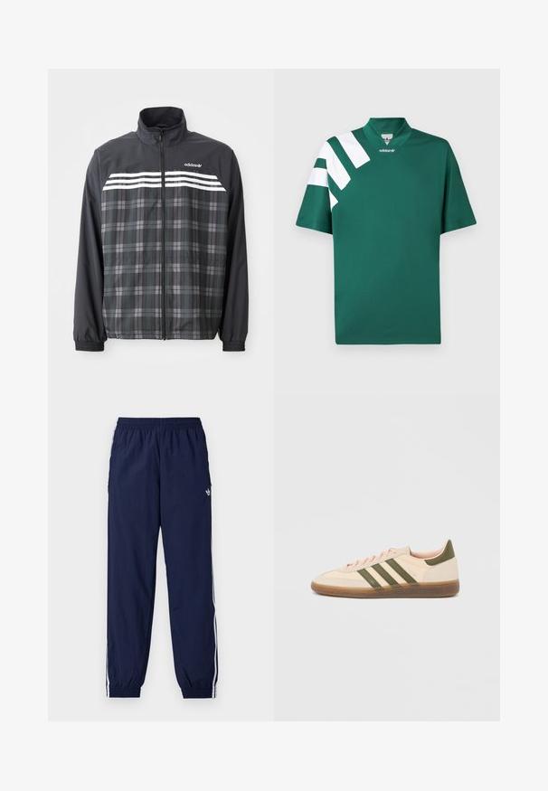 Čierno-sivá károvaná bunda na zips s bielymi pruhmi Adidas a logom na hrudi, elastickými manžetami a stojacím golierom.; Zelené tričko Adidas s krátkym rukávom a výstrihom do V, s tromi bielymi šikmými pásmi na ľavom ramene a rukáve.; Tmavomodré teplákové nohavice z ľahkej látky, s bielymi pruhmi po bokoch, elastickým pásom a malým logom.; Nízky béžový tenisky Adidas Spezial so zelenými pruhmi, gumovou podrážkou a nápisom „SPEZIAL“ na boku, zobrazené z vonkajšej strany.