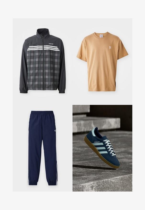 Sort og grå ternet jakke med lynlås, med hvide Adidas-striber og logo på brystet, elastiske manchetter og en opretstående krave.; Brun bomulds T-shirt med rund hals og korte ærmer. Har et lille hvidt Adidas-logo på venstre bryst. Blød tekstur, afslappet pasform.; Mørkeblå træningsbukser lavet af letvægtsstof med hvide striber på siderne, elastisk taljebånd og lille logo.; Blå Adidas Spezial sneaker med hvide striber og snørebånd, gummisål, svævende over en ru betongoverflade og trin i baggrunden.