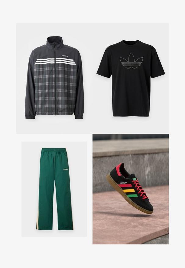 Chaqueta con cremallera de cuadros negros y grises con rayas blancas de Adidas y logo en el pecho, puños elásticos y cuello alto.; Camiseta de algodón negra que presenta un gran logo de Adidas contorneado con líneas horizontales en un material reflectante en la parte frontal. Mangas cortas.; Pantalones de chándal verdes Adidas con rayas laterales beige, cintura elástica y logo blanco de Adidas en la parte superior de la pierna izquierda.; Zapatilla Adidas Spezial negra con rayas rojas, amarillas y verdes, cordones rojos, suela de goma y detalle rojo en el talón, mostrada flotando sobre el pavimento.