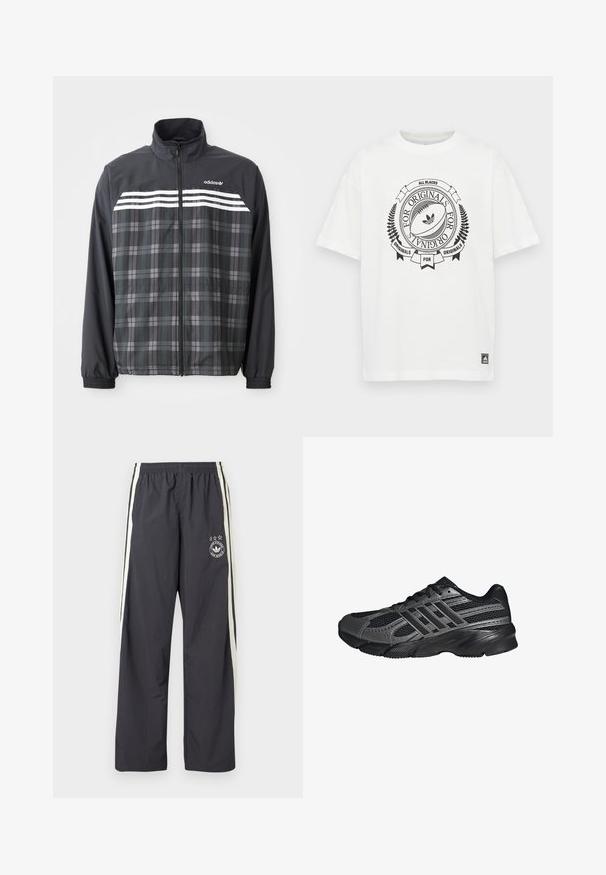 Sort og grå ternet jakke med lynlås, med hvide Adidas-striber og logo på brystet, elastiske manchetter og en opretstående krave.; Hvid bomuld t-shirt med rund halsudskæring og korte ærmer. Har et sort grafisk design med en rugbybold og tekst.; Mørkegrå træningsbukser med hvide sidelister, elastik i taljen og et rundt logo med tre stjerner på venstre lår. Letvægtsstof.; Sorte træningssko lavet af mesh og syntetiske materialer, med en tekstureret overflade, flere grå striber og en polstret krave.
