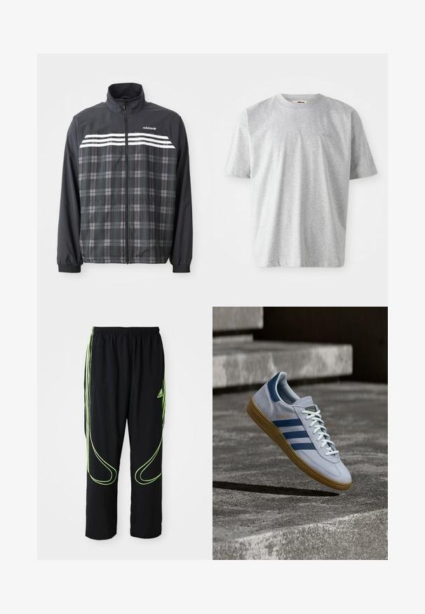 Schwarze und graue kariert Reißverschlussjacke mit weißen Adidas-Streifen und Logo auf der Brust, elastischen Bündchen und Stehkragen.; Graues T-Shirt mit kurzen Ärmeln aus weichem Stoff. Verfügt über einen runden Ausschnitt und ein dezentes, auf der Vorderseite gesticktes Logo.; Schwarze Adidas Sportpants mit neongrünen, gebogenen Linien und drei Streifen an den Seiten, elastischem Bund und Adidas-Logo am Vorderoberschenkel.; Hellblauer Adidas Spezial Sneaker mit dunkelblauen Streifen und Gummisohle, in der Luft über Betontreppen in neutralem Außenbereich gezeigt.