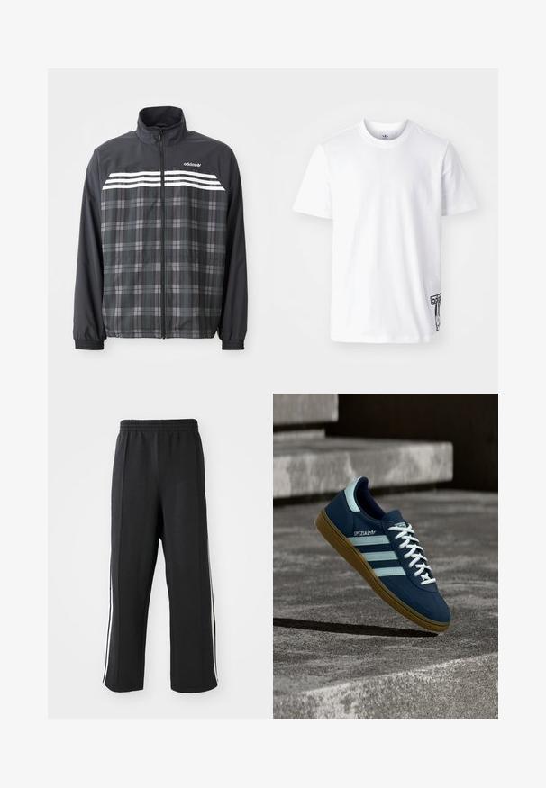 Sort og grå ternet jakke med lynlås, med hvide Adidas-striber og logo på brystet, elastiske manchetter og en opretstående krave.; Hvid bomulds-t-shirt med korte ærmer, rund halsudskæring og et sort Adidas-logo-patch på nedre venstre side. Glat struktur.; Sorte sweatpants med elastisk talje, der har hvide sidelister og en afslappet pasform. Lavet af blødt, strækbart stof.; Blå Adidas Spezial sneaker med hvide striber og snørebånd, gummisål, svævende over en ru betongoverflade og trin i baggrunden.