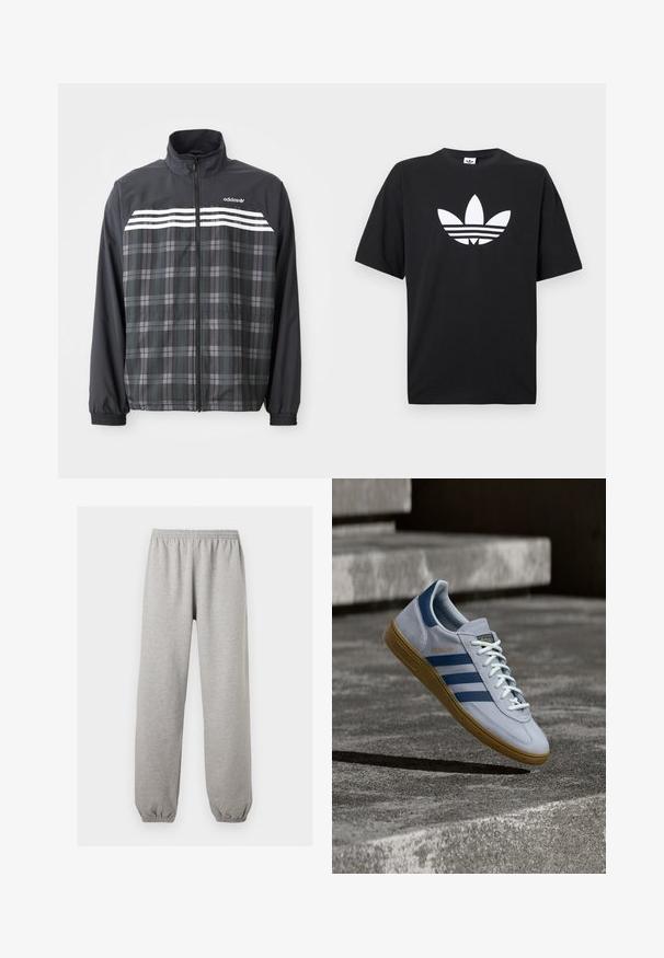 Schwarze und graue kariert Reißverschlussjacke mit weißen Adidas-Streifen und Logo auf der Brust, elastischen Bündchen und Stehkragen.; Schwarzes Baumwoll-T-Shirt mit kurzen Ärmeln, das ein großes weißes Adidas-Logo und drei horizontale Streifen am Saum zeigt. Klassisches Rundhalsdesign.; Hellgraue Jogginghose mit elastischem Bund und Bündchen, gerader Beinverlauf, aus weichem Stoff.; Hellblauer Adidas Spezial Sneaker mit dunkelblauen Streifen und Gummisohle, in der Luft über Betontreppen in neutralem Außenbereich gezeigt.
