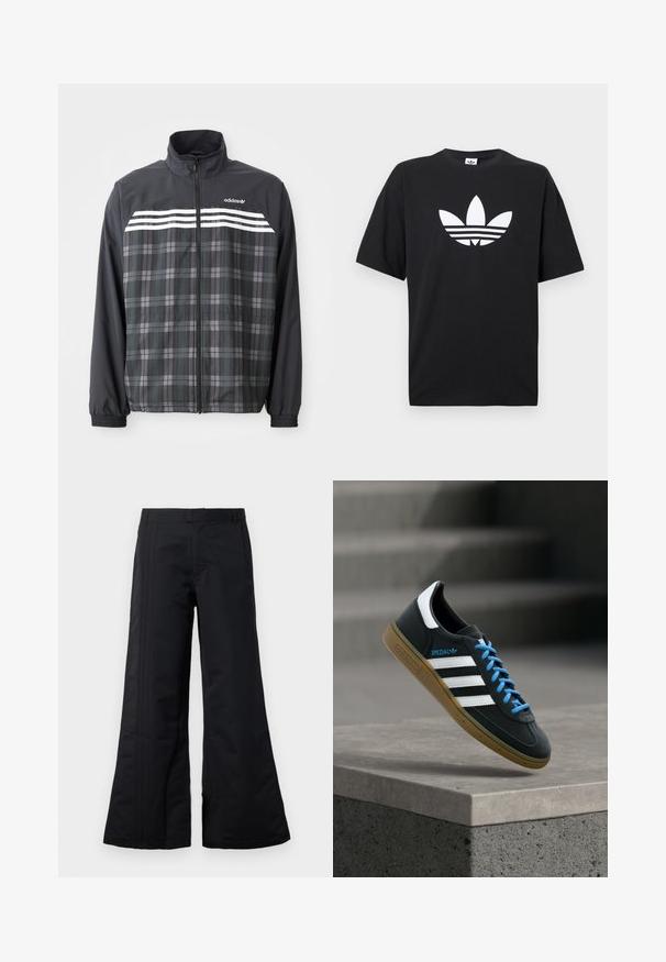 Sort og grå ternet jakke med lynlås, med hvide Adidas-striber og logo på brystet, elastiske manchetter og en opretstående krave.; Sort bomulds T-shirt med korte ærmer, der har et stort hvidt Adidas-logo og tre vandrette striber i bunden. Klassisk rund halsdesign.; Sorte bredbenede bukser lavet af glat stof, med frontfolder og en talje. Rent design uden synlige mønstre eller dekorationer.; Sort Adidas sneaker med hvide striber, blå snørebånd og gummisål, der svæver over gråt betontrin i blødt lys.
