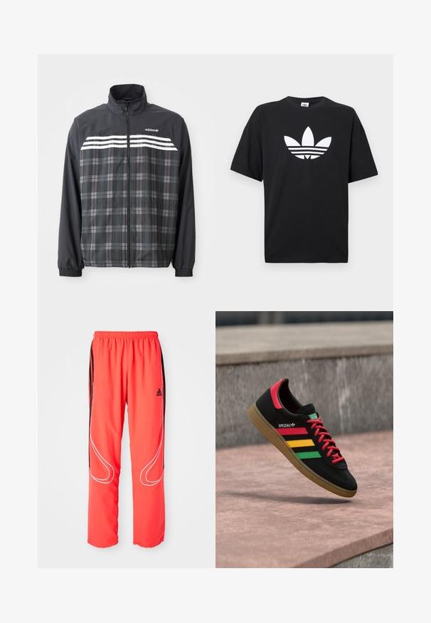 Schwarze und graue kariert Reißverschlussjacke mit weißen Adidas-Streifen und Logo auf der Brust, elastischen Bündchen und Stehkragen.; Schwarzes Baumwoll-T-Shirt mit kurzen Ärmeln, das ein großes weißes Adidas-Logo und drei horizontale Streifen am Saum zeigt. Klassisches Rundhalsdesign.; Rote Sporthosen mit lockerer Passform, elastischem Bund, schwarzen seitlichen Streifen und weißen Paspelierungen entlang der Beine. Adidas-Logo auf der Hüfte.; Schwarzer Adidas Spezial Sneaker mit roten, gelben und grünen Streifen, roten Schnürsenkeln, Gummisohle und rotem Fersen-Detail, schwebend über dem Pflaster gezeigt.
