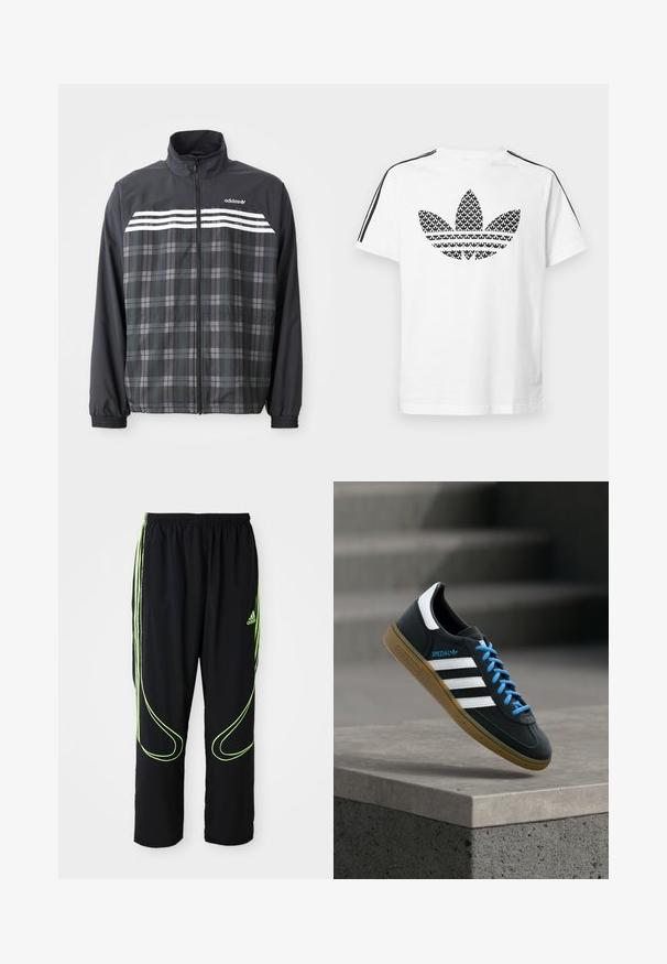 Zwart-grijs geruite jas met rits, witte Adidas-strepen en logo op de borst, elastische manchetten en een opstaande kraag.; Wit katoenen T-shirt met een zwart grafisch trefoil-logo op de voorkant, met zwarte strepen langs de schouders als accent.; Zwarte Adidas sportbroek met neon groene gebogen lijnen en drie strepen aan de zijkanten, elastische tailleband en het Adidas-logo op de voorkant van de bovenbenen.; Zwarte Adidas-sneaker met witte strepen, blauwe veters en een gumzool die boven een grijze betonnen trede zweeft in zacht licht.