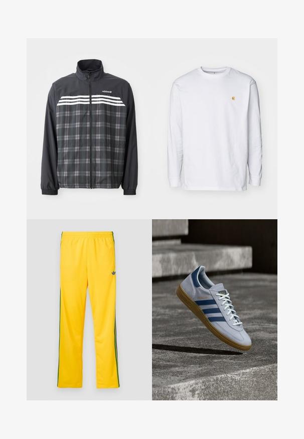 Mustast ja hallist ruuduline lukuga jakk, valgete Adidas triipude ja logoga rinnal, elastsete varrukaservade ja püsti oleva kraega.; Valge pika varrukaga T-särk, mis on valmistatud puuvillast. Rinnal on väike kuldne logo ja ümar kaelus. Lihtne disain ja standardne lõige.; Kollased spordipüksid, millel on elastne vöökoht, roheliste küljeribadega ja vasakul reiel väike sinine logo. Sile kangapind.; Helehall Adidas Spezial toss tumedasiniste triipude ja kummipõhjaga, kujutatud õhus betooniastmete kohal neutraalses välistingimustes.