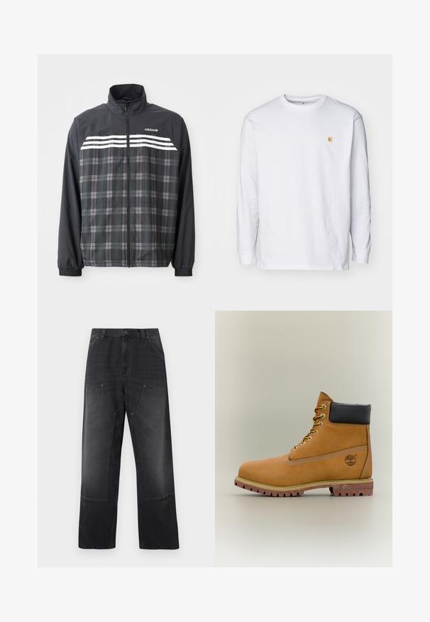 Schwarze und graue kariert Reißverschlussjacke mit weißen Adidas-Streifen und Logo auf der Brust, elastischen Bündchen und Stehkragen.; Weißes Langarm-T-Shirt aus Baumwolle. Mit kleinem goldenem Logo auf der Brust und Rundhalsausschnitt. Einfaches Design und normale Passform.; Schwarze Jeans mit weitem Bein, vorderen aufgesetzten Taschen, Gürtelschlaufen sowie Knopf- und Reißverschluss.; Brauner Leder-Stiefelette mit schwarzem Kragen, gelben Schnürsenkeln und hellbrauner Sohle. Verfügt über ein Logo und weiße Ziernähe. Robuste Profilsohle.