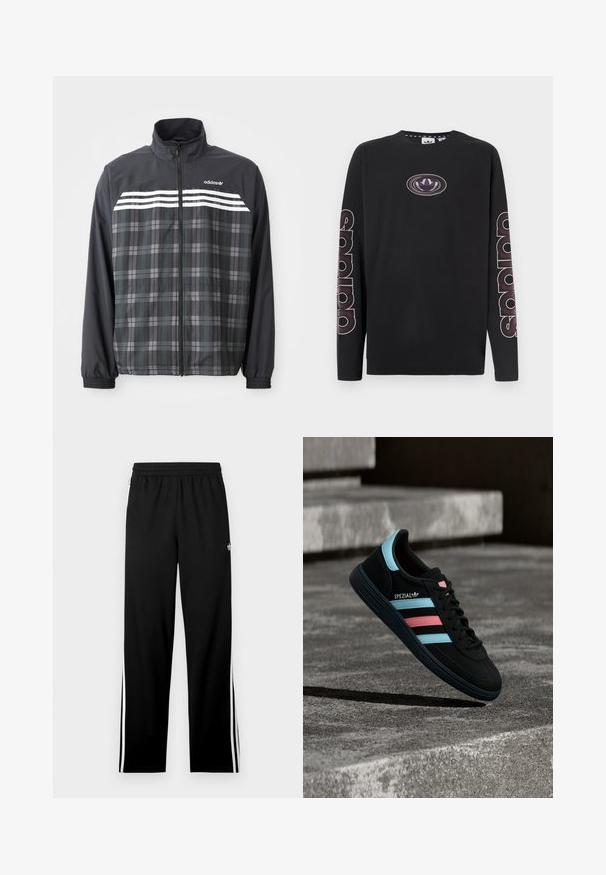 Mustast ja hallist ruuduline lukuga jakk, valgete Adidas triipude ja logoga rinnal, elastsete varrukaservade ja püsti oleva kraega.; Mustast puuvillast valmistatud pikkade varrukatega särk, millel on keskel logo ja suurte kontrastsete värvidega tekstigraafika varrukatel.; Mustad spordipüksid võrgukangast, sirge lõikega, elastse vöökohaga ja valgete küljeribadega. Spordilogo on nähtav.; Must Adidas Spezial toss siniste ja roosade triipudega, hõljumas tekstuurse halli betoonpinna kohal, all varjuga.