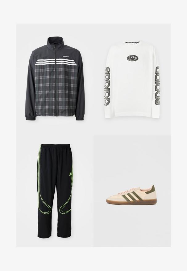 Čierno-sivá károvaná bunda na zips s bielymi pruhmi Adidas a logom na hrudi, elastickými manžetami a stojacím golierom.; Biely dlhý rukáv mikina s čiernou logovou grafikou na hrudi a textom „adidas“ vytlačeným pozdĺž rukávov v textúrovanom písme.; Čierne atletické nohavice Adidas s neonovo zelenými zakrivenými líniami a tromi pruhmi po stranách, elastickým pásom a logom Adidas na prednom stehne.; Nízky béžový tenisky Adidas Spezial so zelenými pruhmi, gumovou podrážkou a nápisom „SPEZIAL“ na boku, zobrazené z vonkajšej strany.