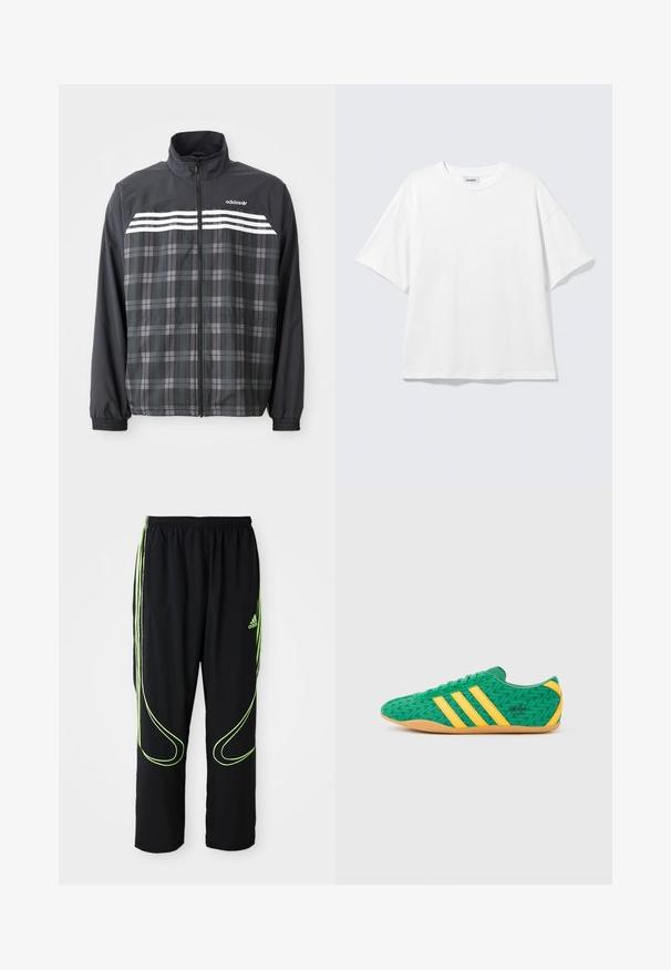 Čierno-sivá károvaná bunda na zips s bielymi pruhmi Adidas a logom na hrudi, elastickými manžetami a stojacím golierom.; Biele oversize tričko s krátkym rukávom a okrúhlym výstrihom s padnutými ramenami, položené na svetlošedom pozadí.; Čierne atletické nohavice Adidas s neonovo zelenými zakrivenými líniami a tromi pruhmi po stranách, elastickým pásom a logom Adidas na prednom stehne.; Zelené textilné tenisky s žltými akcentmi a tromi pruhmi, so vzorom cik-cak a podrážkou z gumy.