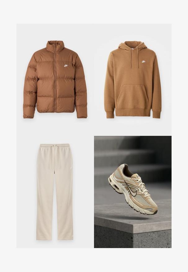 Braune Pufferjacke mit hohem Kragen, durchgehendem Reißverschluss und weißem Nike-Logo auf der linken Brust, präsentiert auf weißem Hintergrund.; Brauner Nike-Hoodie mit Fronttasche, Kordelzugkapuze und weißem Nike-Logo auf der linken Brust, auf einem weißen Hintergrund präsentiert.; Beige Nike Jogginghose mit elastischem Bund, Kordelzug, geraden Beinen und kleinem weißen Swoosh-Logo am linken Oberschenkel.; Beiger und weißer Nike Laufschuh mit Mesh-Paneelen und schwarzem Swoosh, schwebt über einem Betonsims mit unscharfen Treppen im Hintergrund.