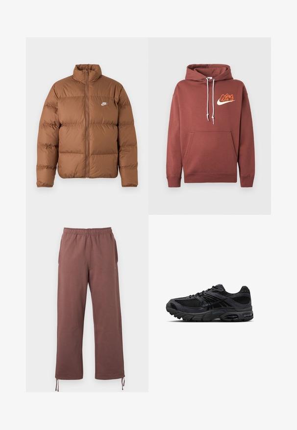Braune Pufferjacke mit hohem Kragen, durchgehendem Reißverschluss und weißem Nike-Logo auf der linken Brust, präsentiert auf weißem Hintergrund.; Brauner Hoodie aus Baumwolle. Mit einer vorderen Tasche, weißen Kordeln und einem Logo mit dem Text "Air" sowie einem Schwung in Orange und Creme.; Braune Hose mit elastischem Bund aus weichem Stoff, ausgestattet mit Seitentaschen und verstellbaren Kordeln an den Bündchen für eine individuelle Passform.; Schwarzer und dunkelgrauer Nike Laufschuh mit Mesh-Gewebe, Wildleder-Overlays, gepolsterter Sohle und sichtbaren Lufteinheiten in Ferse und Vorfuß.