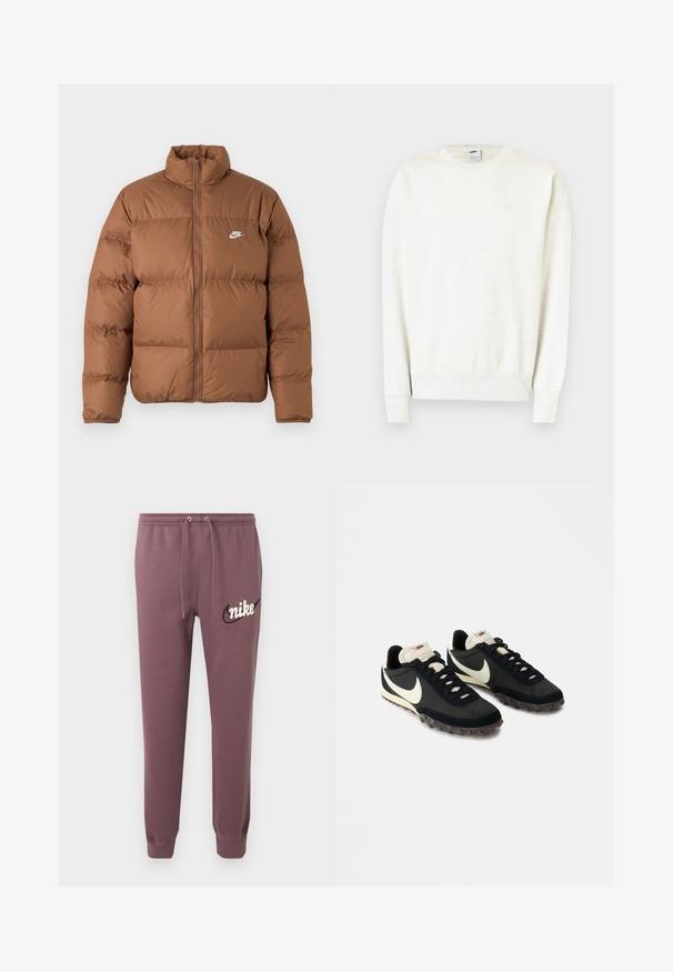 Brun oppustet jakke med høj krave, fuld frontlynlås og hvidt Nike-logo på venstre bryst, præsenteret på en enkel hvid baggrund.; Hvid langærmet crewneck-sweatshirt med ribstrikkede ærmekanter og kant, med et diskret Nike-logo på brystet.; Lilla Nike joggingbukser med elastisk taljebånd, snøre, manchetter ved anklerne og hvid Nike-logo med sort swoosh på venstre lår.; Sorte sportssko med en struktureret overdel, hvid swoosh-logo og gummisål med små stik til trækkraft. Elfenbensfarvet krave.