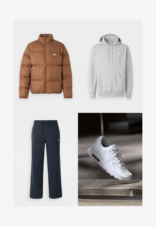 Brun oppustet jakke med høj krave, fuld frontlynlås og hvidt Nike-logo på venstre bryst, præsenteret på en enkel hvid baggrund.; Lysegrå hættetrøje lavet af blødt stof, med kængurulomme, snørre i hætten og et lille hvidt logo på brystet.; Mørkeblå sweatpants med elastisk talje og snoretræk. Lavet af blødt stof og med et lille hvidt logo på venstre hofte.; Hvide Nike Air Max 90 sneakers med en overdel i mesh og læder, perforeret tåboks og en synlig luftenhed i hælen.