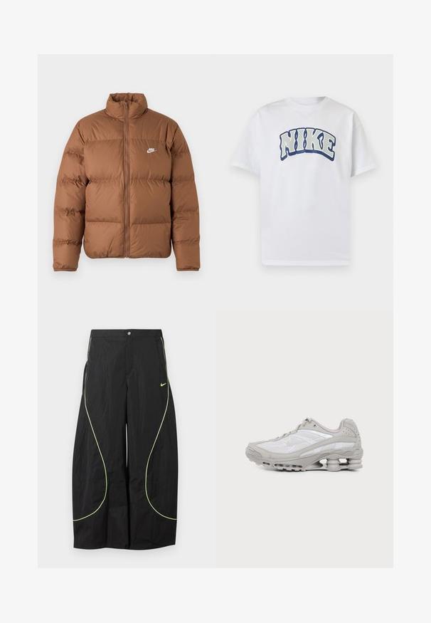 Braune Pufferjacke mit hohem Kragen, durchgehendem Reißverschluss und weißem Nike-Logo auf der linken Brust, präsentiert auf weißem Hintergrund.; Weißes Kurzarm-T-Shirt mit großem, geschwungenem "NIKE"-Schriftzug in fett umrandeten Buchstaben, mittig auf der Brust.; Schwarze Nike-Hose mit weitem Bein, neongrünem, geschwungenem Paspel und kleinem Nike-Swoosh-Logo auf dem rechten Oberschenkel, mit Knopf- und Reißverschlussbund.; Grauer und weißer Sportschuh mit sichtbarer Luftpolstersohle und Mesh-Einsätzen, im Profil auf einfachem hellem Hintergrund gezeigt.