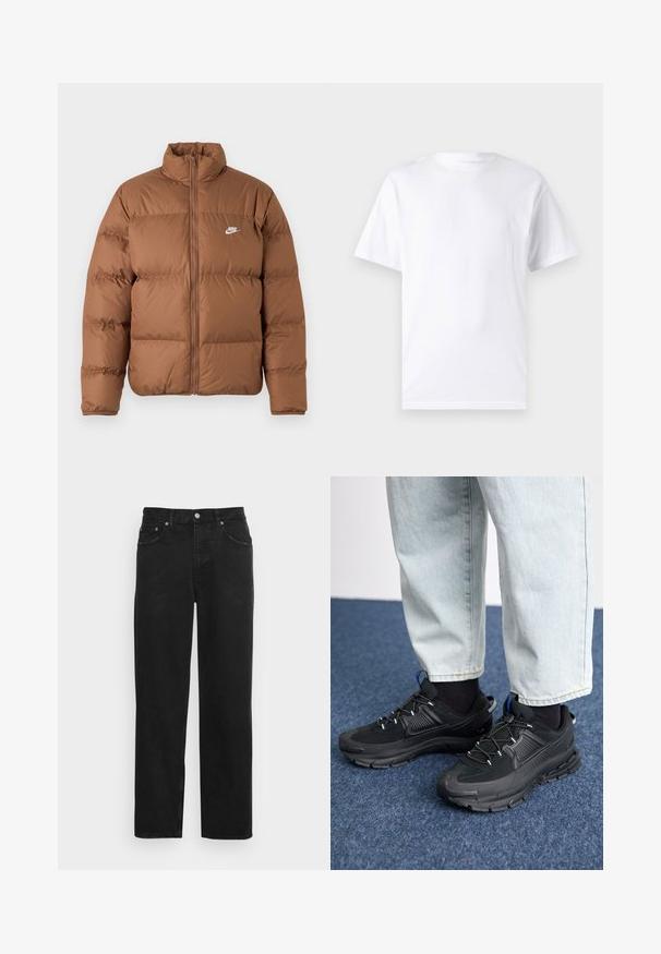 Brun oppustet jakke med høj krave, fuld frontlynlås og hvidt Nike-logo på venstre bryst, præsenteret på en enkel hvid baggrund.; Hvid kortærmet t-shirt lavet af bomuld med rund hals, der har en glat tekstur og et simpelt design uden mønstre eller accenter.; Sorte denimjeans med lige ben, fem lommer og lukkes med metalknap, med en subtil tekstur. Ingen synlige mønstre eller detaljer.; Sorte træningssko med tekstureret stof og gummisåler, udstyret med elastiske snørebånd og en blå detalje på hælen. Bæres med lyse denimbukser.