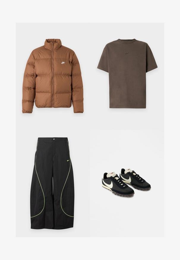 Brun oppustet jakke med høj krave, fuld frontlynlås og hvidt Nike-logo på venstre bryst, præsenteret på en enkel hvid baggrund.; Brun Nike T-shirt med korte ærmer, rund hals og lille broderet logo centreret på brystet mod en hvid baggrund.; Sorte Nike bukser med brede ben, med neon-grøn buet piping og lille Nike swoosh-logo på højre lår, knap- og lynlåslukning i taljen.; Sorte sportssko med en struktureret overdel, hvid swoosh-logo og gummisål med små stik til trækkraft. Elfenbensfarvet krave.