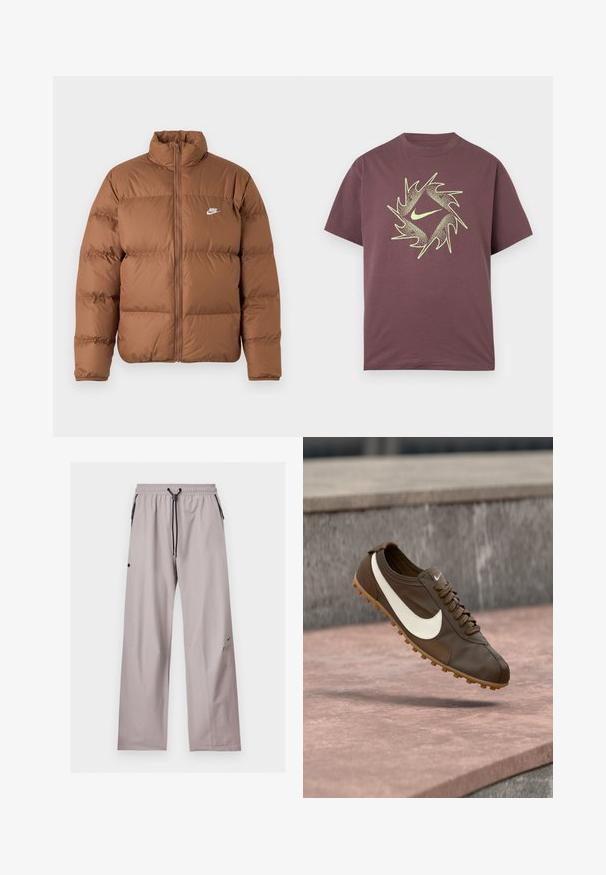 Brun oppustet jakke med høj krave, fuld frontlynlås og hvidt Nike-logo på venstre bryst, præsenteret på en enkel hvid baggrund.; Kortærmet bordeaux T-shirt med et abstrakt, neon gult, spidset cirkeldesign og en central swoosh-logo på brystet.; Lysegrå løstsiddende bukser med elastisk talje, sort justerbar snor og sidelommer med sorte lynlåse.; Brun Nike løbesko med hvid Swoosh-logo og gumisål svæver over en lyserød stensurface med grå stenbaggrund.
