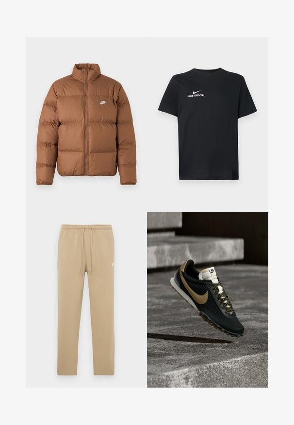 Hnedá nafúknutá bunda s vysokým golierom, plný predný zips a bielym logom Nike na ľavej hrudi, zobrazená na jednoduchom bielom pozadí.; Čierne bavlnené tričko s okrúhlym výstrihom. Na prednej strane je biely logo Nike a text "NIKE OFFICIAL". Krátke rukávy.; Béžové tepláky s elastickým pásom a sťahovacími šnúrkami, s malým bielym logom Nike na hornej ľavej stehne.; Čierno-zlatá bežecká obuv Nike s textúrovaným zvrškom a vzorovanými šnúrkami vznášajúca sa nad drsným betónovým povrchom a schodmi.