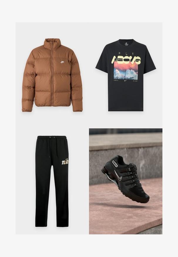 Hnedá nafúknutá bunda s vysokým golierom, plný predný zips a bielym logom Nike na ľavej hrudi, zobrazená na jednoduchom bielom pozadí.; Čierne bavlnené tričko s grafikou oblakov, ružovej a modrej oblohy a výrazným žltým textom "FLY ABOVE" a "NEEXISTUJE ŽIADNY LIMIT."; Čierne tepláky z jemnej látky, s elastickým pásom so sťahovacími šnúrkami, zúženými nohavicami a zlatou vyšívanou značkou "nike".; Čierny bežecký topánok Nike Shox s bielym logom Swoosh, vo vzduchu nad ružovým betónovým povrchom na pozadí sivej kamennej steny.