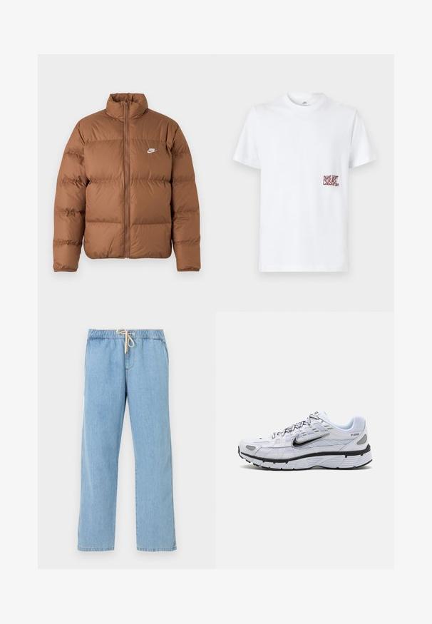 Brun oppustet jakke med høj krave, fuld frontlynlås og hvidt Nike-logo på venstre bryst, præsenteret på en enkel hvid baggrund.; Hvid T-shirt med korte ærmer og rund hals med lille rød tekst "Nike Sport Research Laboratory" på venstre bryst.; Lyseblå denim bukser med elastisk talje og beige snøre, lige ben, to sidelommer, fladt lagt på hvid baggrund.; Hvide løbesko med mesh-overdel, rund tå, sorte accenter og mønstret sål. Har snøring og branding på siden.